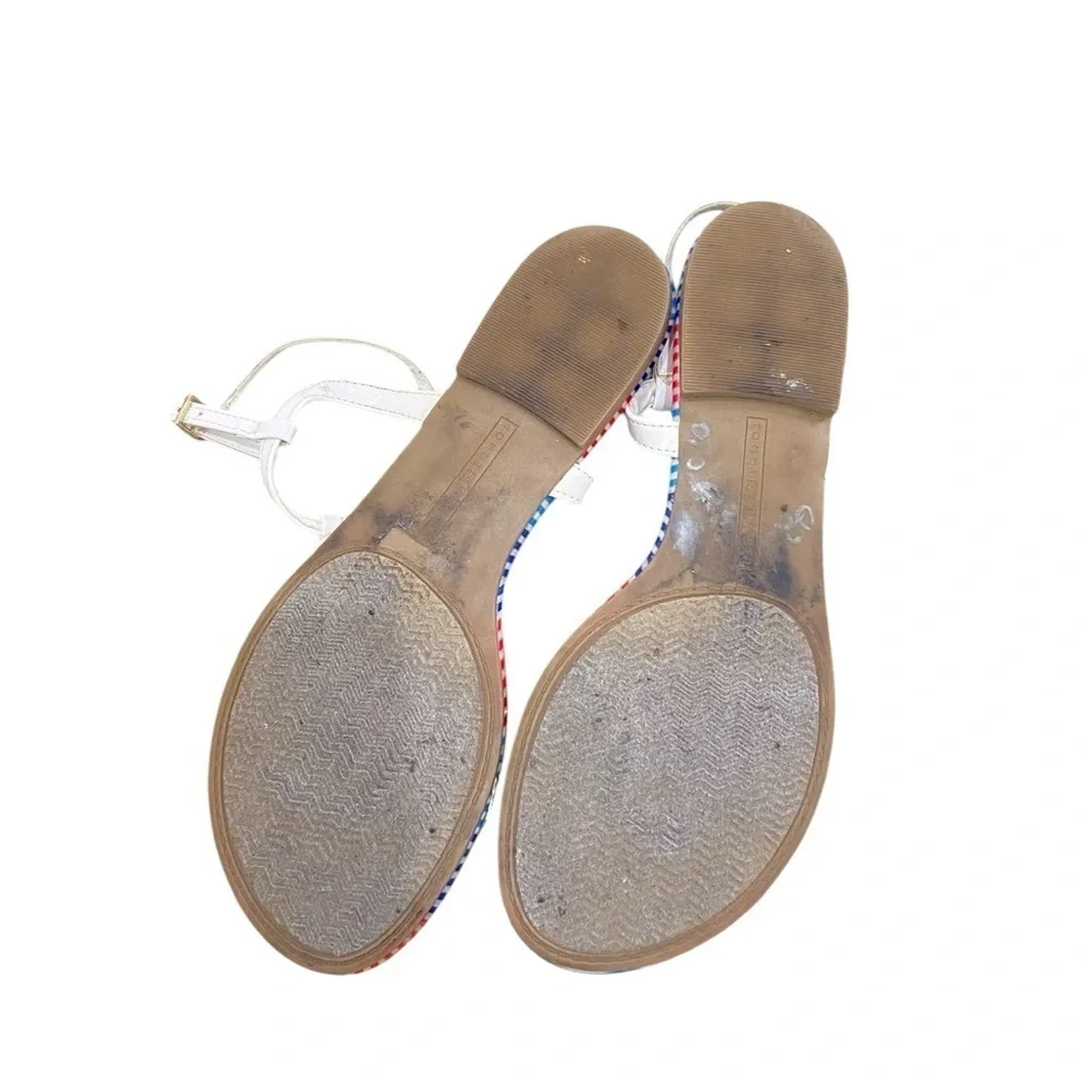 Tommy Hilfiger patent white toe flat sandals striped footbed silver “H” sz 9.5